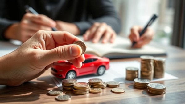 Close-up of hand with coin, red car model, and coins suggesting auto finance.