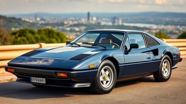 Classic 1982 Ferrari 400i for sale, parked with city view.