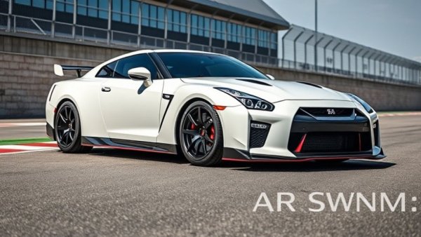 NISMO 400R in white parked on a racetrack backdrop. 