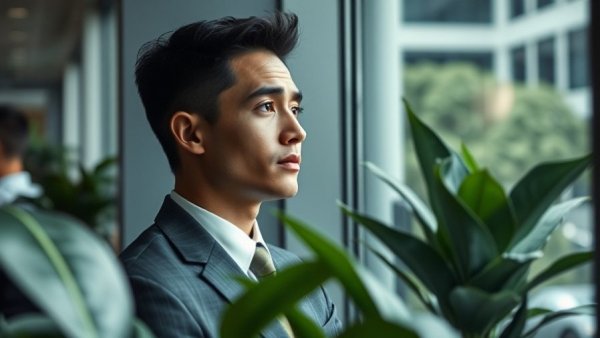 Young professional contemplating in an office, symbolizing toxic workplace culture.