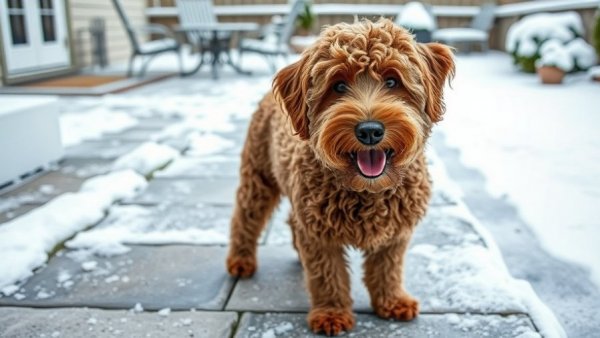 Curly-haired brown dog standing on snowy patio in winter setting.