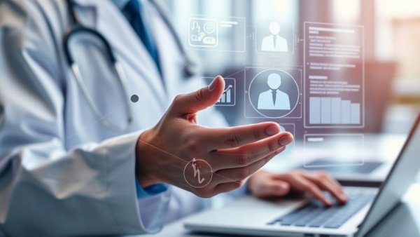 Efficient medical record retrieval concept with digital files and laptop.