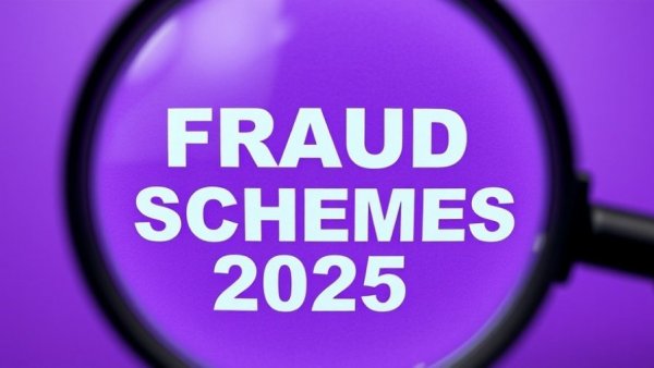 Magnifying glass highlights 'Fraud Schemes 2025' on purple backdrop.