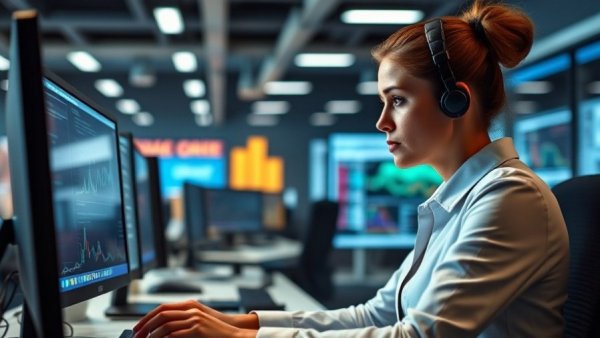 Female professional analyzing dual monitors on 2027 Medicare plans.