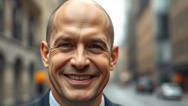 Portrait of a smiling bald man in a suit, NHS Frontline Productivity program.