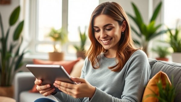 Smiling woman in living room using tablet, illustrating how MetroHealth reduced denials by 44%.