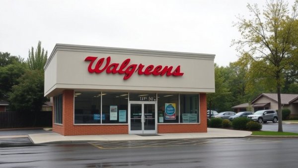 Walgreens store entrance in suburban area on an overcast day.