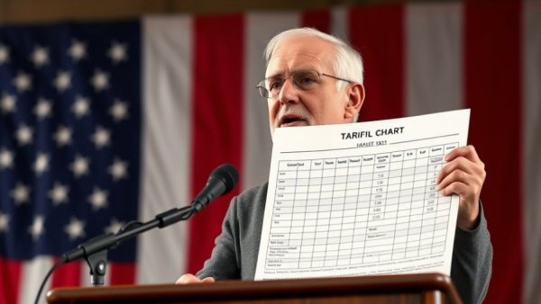 Person discussing tariff chart at podium against flag backdrop, related to invalidating Trump tariffs under emergency powers.