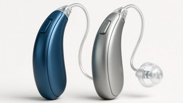 Sleek modern hearing aids for hearing loss treatment.