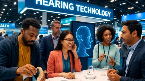Exploring innovative hearing tech at a bustling trade show.