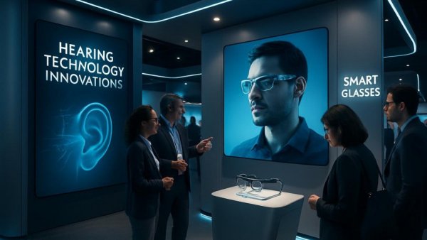 Futuristic booth displaying hearing technology innovations at CES 2026.