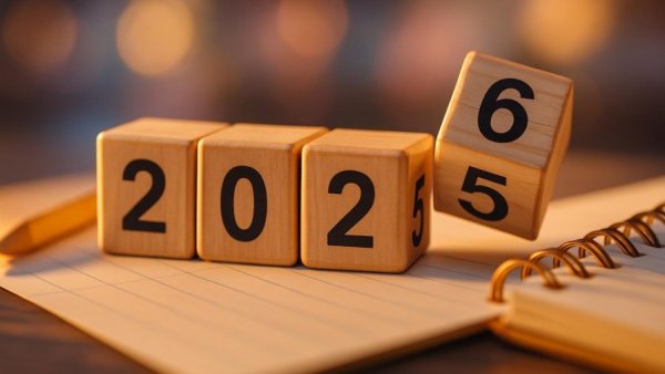 Year 2025 transitioning to 2026 on wooden blocks, blurred bokeh background