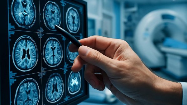 Hand examines brain MRI scan, potential hearing loss treatment exploration.