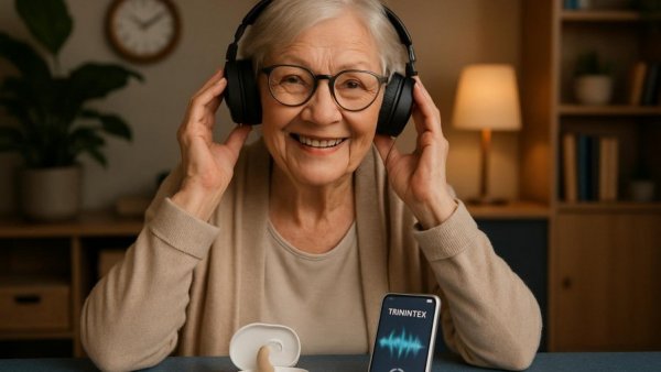 Tinnitus management consultation with headphones demonstration.