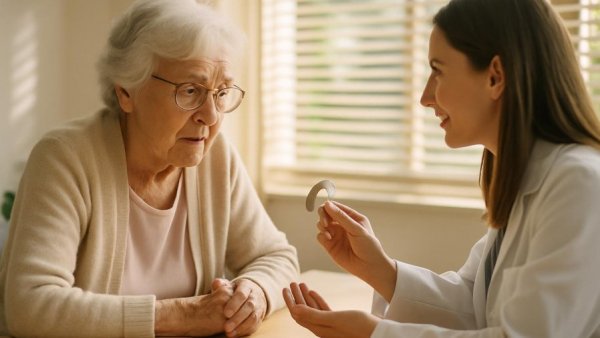 Elderly woman in hearing aid consultation