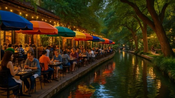 Colorful riverwalk dining scene perfect for audiology advocacy events.