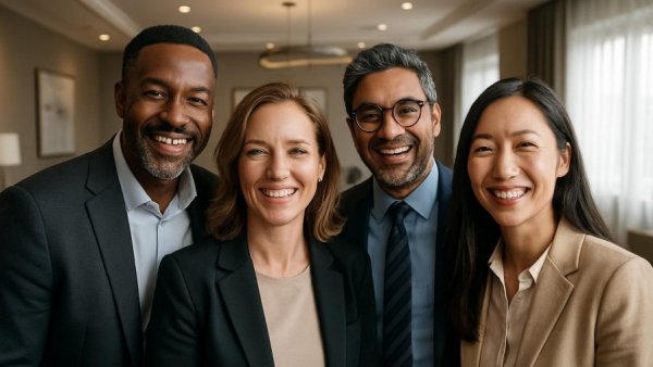 Diverse group at AAA 2026 audiology conference in elegant setting.