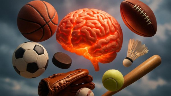 Sports impact illustration, brain with sports gear, audiology services CT.