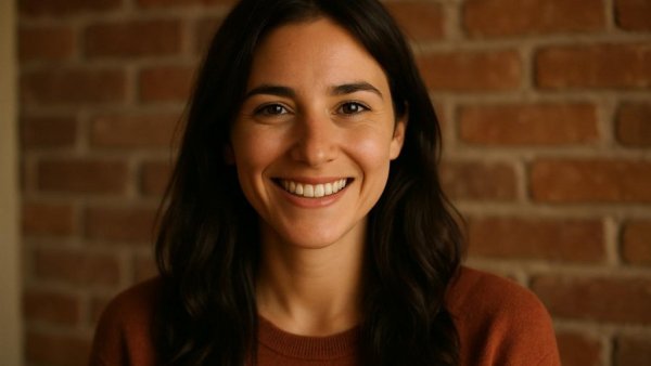 Portrait of a smiling woman in a brick setting, warm lighting.