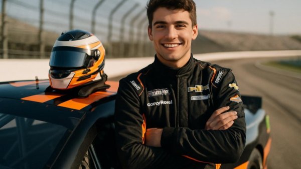 Young NASCAR driver promoting hearing health at racetrack.
