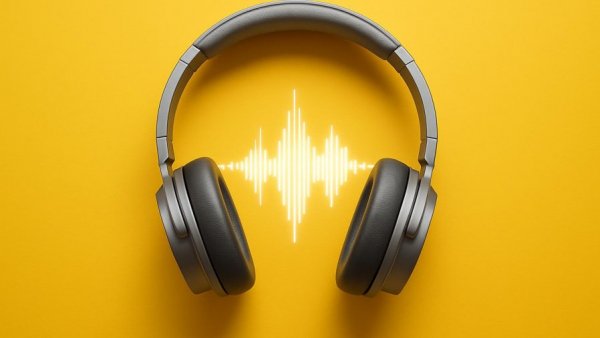Sound Practice podcast for audiologists concept with headphones and soundwave.