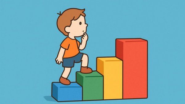 Minimalistic cartoon child climbing colorful steps.