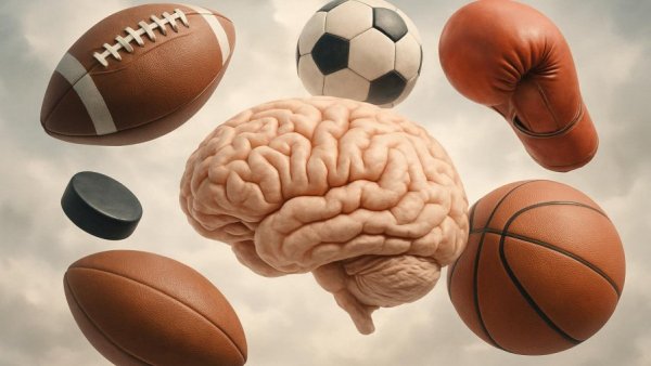 Conceptual image of sports equipment around a brain, illustrating impact on brain health. Audiology Services CT.