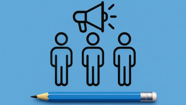 Stick figures and megaphone on blue background, symbolizing ABA referrals.