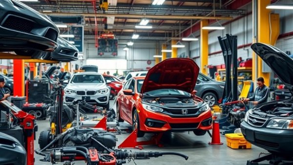 Automotive workshop with car parts and tools displaying new products.