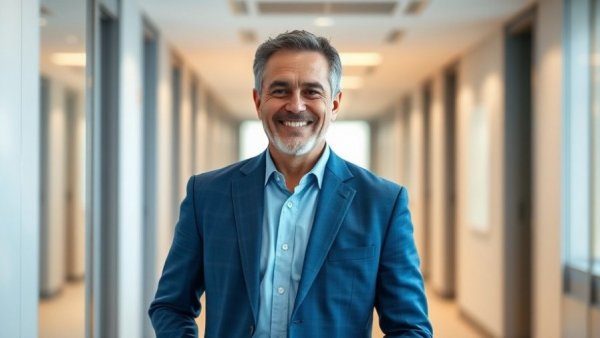 Professional man smiling in an office corridor, EPR go-live success factors ambiance.