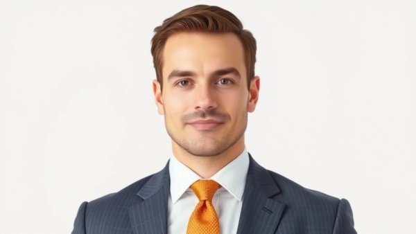 Confident professional male in suit with orange tie on white background.
