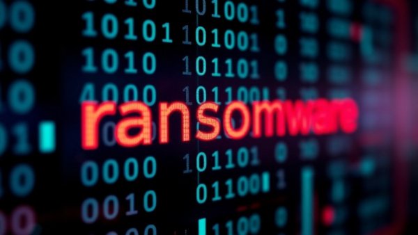 Binary code with 'ransomware' highlighted, symbolizing a cyber attack.
