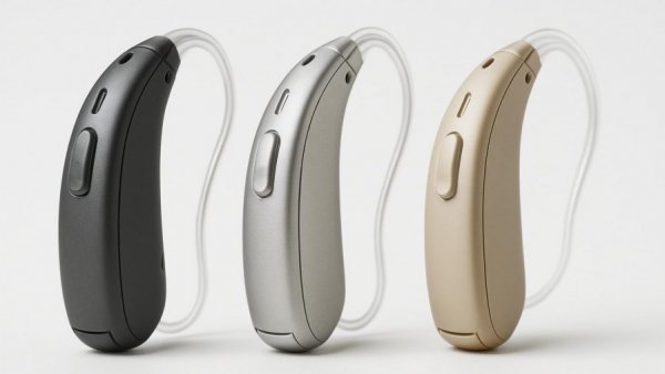 Modern hearing aids for hearing loss treatment, different styles.