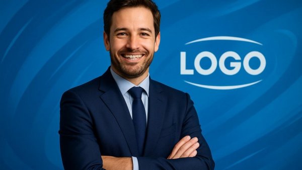 Business professional smiling with company logo, related to hearing loss treatment.