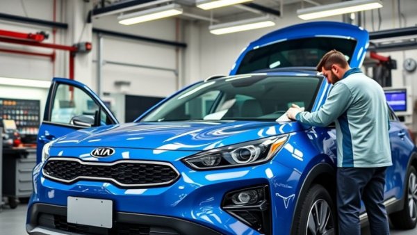 Blue Kia vehicle in ADAS system calibration, Ultimate ADAS system approval.