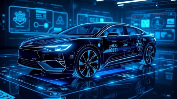 Futuristic holographic car projection showcases AI in auto retail.