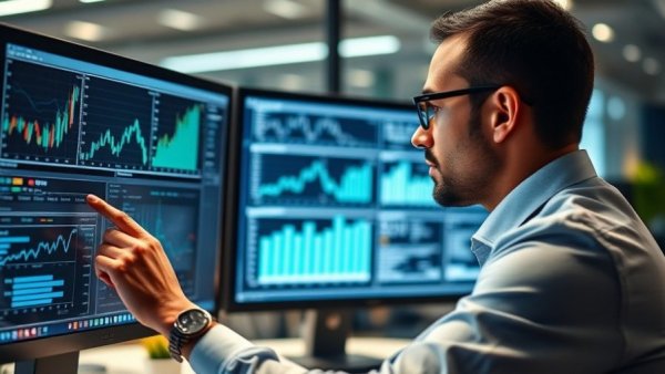 Business person analyzing data on screens, SEO is Dead theme, Welcome to GEO.