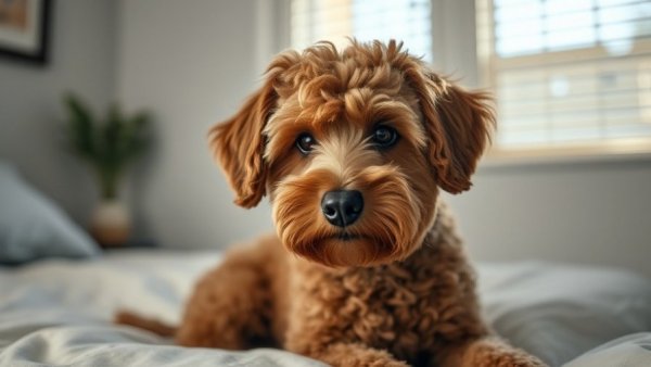 Curly brown dog sitting on a bed in natural light.