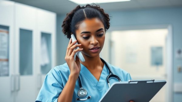 Healthcare worker on phone reviewing patient estimates document.