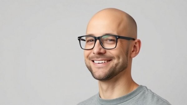 Man with glasses smiling, neutral background, health-related theme.