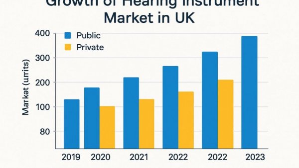 Bar chart of UK hearing instrument market growth in public and private sectors.