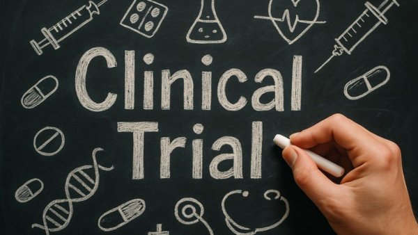 Chalkboard with 'Clinical Trial' and medical doodles related to hearing loss treatment.