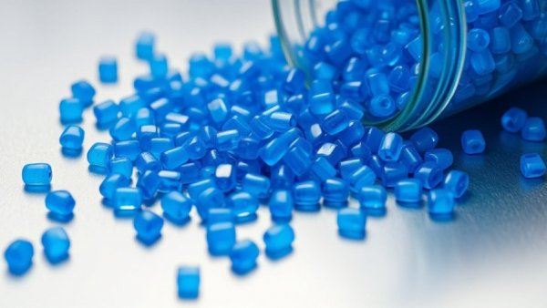 Blue plastic pellets highlighting extrusion tolerances.