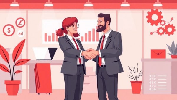 Illustration depicting collaboration in business with handshake, charts, and financial symbols, highlighting the link between sales success and marketing efforts.
