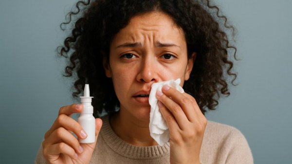 Woman experiences allergies in U.S. adults, holding nasal spray.