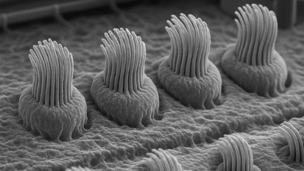 High magnification of inner ear cells with hair-like structures.