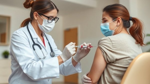 Healthcare worker giving a vaccination in a clinical setting.