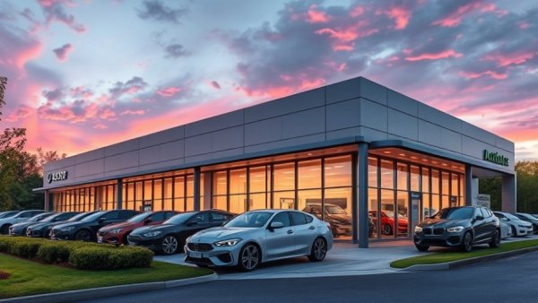 Car dealership exterior showcasing vehicles in evening light.