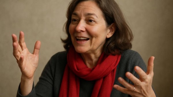 Woman gesturing in conversation, wearing red scarf, cognitive health.