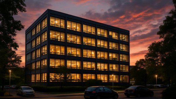 Office building at sunset highlighting job skills for advanced audiology students.